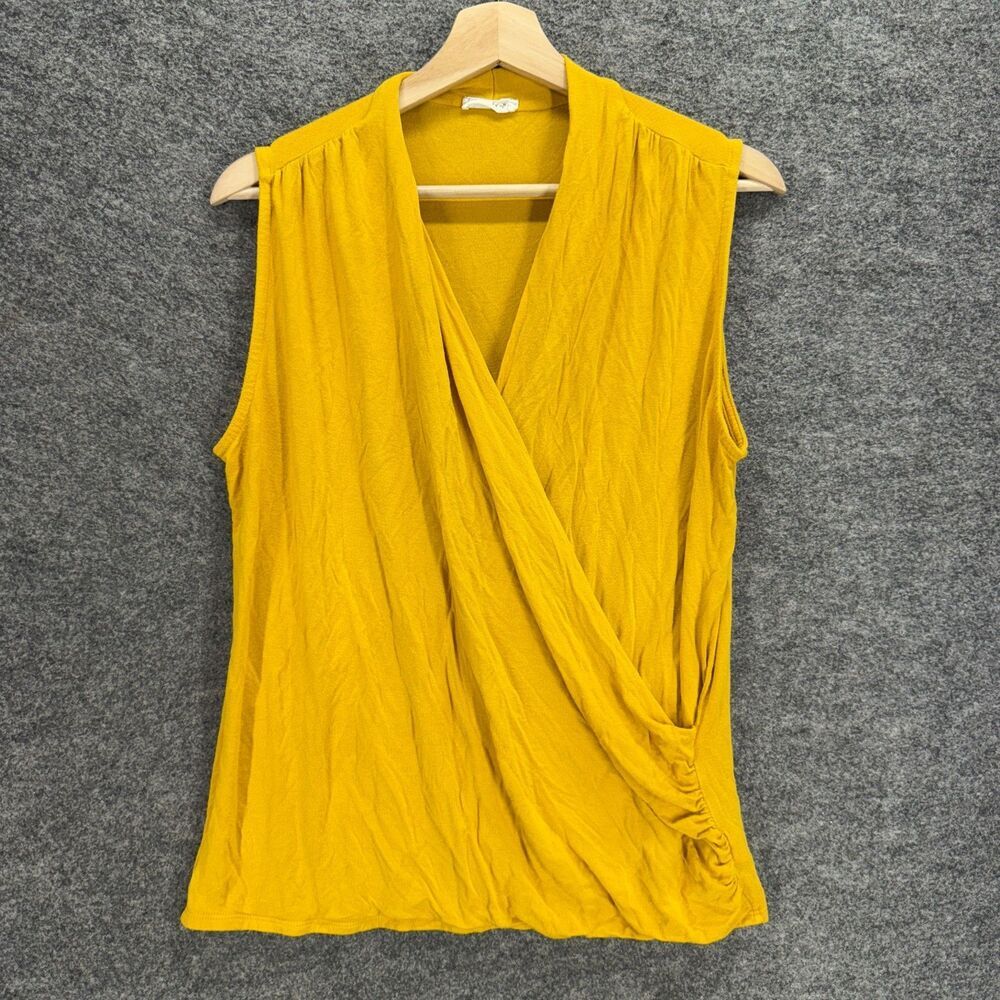 Loveappella Blouse Women 1X Plus Yellow V-Neck Sleeveless Wide Strap Rayon